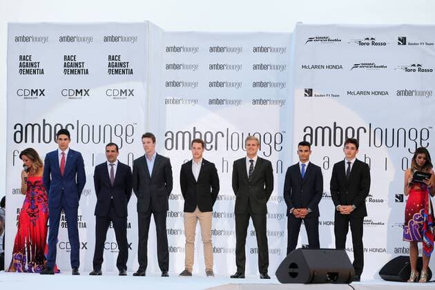Monaco Grand Prix, Monte Carlo 24 - 28 May 2017 (L to R): Natalie Pinkham (GBR) Sky Sports Presenter; Esteban Ocon (FRA) Sahara Force India F1 Team; Marc Gene (ESP) Ferrari Test Driver; Daniil Kvyat (RUS) Scuderia Toro Rosso; Stoffel Vandoorne (BEL) McLaren; Marcus Ericsson (SWE) Sauber F1 Team; Pascal Wehrlein (GER) Sauber F1 Team; Charles Leclerc (MON) Ferrari Development Driver; and Federica Masolin (ITA) Sky F1 Italia Presenter, at the Amber Lounge Fashion Show. 26.05.2017. 