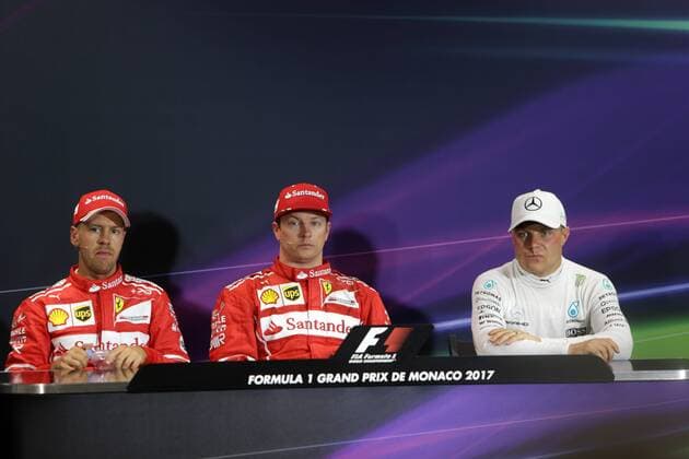 Monaco Grand Prix, Monte Carlo 24 - 28 May 2017 27.05.2017 - Qualifying, press conference PK Pressekonferenz Sebastian Vettel (GER) Scuderia Ferrari SF70H, Kimi Raikkonen (FIN) Scuderia Ferrari SF70H and Valtteri Bottas (FIN) Mercedes AMG F1 W08 