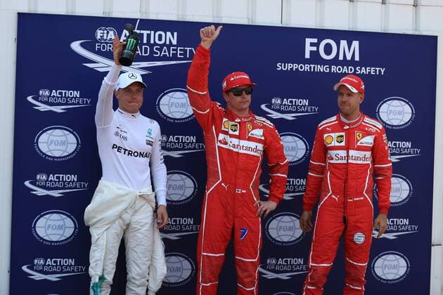 May 27th 2017, Monaco; F1 Grand Prix of Monaco Friday qualifying sessions day; Kimi Raikkonen - Scuderia Ferrari SF70H takes pole ahead of team mate Sebastian Vettel and Valtteri Bottas - Mercedes AMG Petronas F1 W08 EQ Energy+ on pole podium xLeannexBoonx  ActionPlus11883967