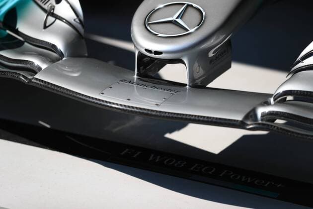May 27th 2017, Monaco; F1 Grand Prix of Monaco Friday qualifying sessions day; Mercedes AMG Petronas F1 has hashtag Manchester on the nose xLeannexBoonx  ActionPlus11883922