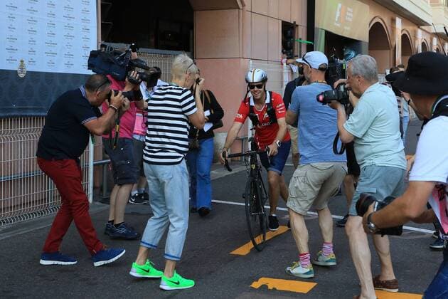 May 27th 2017, Monaco; F1 Grand Prix of Monaco Friday qualifying sessions day; Sebastian Vettel - Scuderia Ferrari SF70H leaves pits on a bicycle xLeannexBoonx  ActionPlus11883989