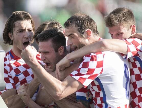 May 27, 2017 - Los Angeles, California, U.S - Capitan Duje Cop 14 of Croatia celebrates his goal with team mates during their friendly game with Mexico on Saturday May 27, 2017 at Los Angeles Coliseum in Los Angeles, California. Mexico vs. Croatia. Mexico vs. Croatia - ZUMAp124 20170527_zaa_p124_003 Copyright: xJavierxRojasx