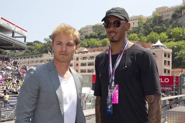 Monaco, Monte Carlo - May 28, 2017: FIA Formula One World Championship WM Weltmeisterschaft Monaco F1 Grand Prix, Nico Rosberg and Jerome Boateng Monaco F1 Grand Prix 2017, Nico Rosberg and Jerome Boateng