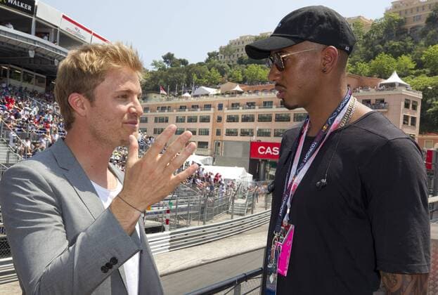 Monaco, Monte Carlo - May 28, 2017: FIA Formula One World Championship WM Weltmeisterschaft Monaco F1 Grand Prix, Nico Rosberg and Jerome Boateng Monaco F1 Grand Prix 2017, Nico Rosberg and Jerome Boateng