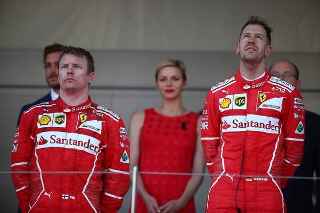 Monaco Grand Prix, Monte Carlo 24 - 28 May 2017 28.05.2017 - Race, 2nd place Kimi Raikkonen (FIN) Scuderia Ferrari SF70H, Charlene Wittstock Princess of Monaco and Sebastian Vettel (GER) Scuderia Ferrari SF70H race winner 