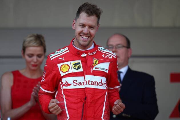 Monaco Grand Prix, Monte Carlo 24 - 28 May 2017 28.05.2017 - Race, (L-R) Charlene Wittstock Princess of Monaco, Sebastian Vettel (GER) Scuderia Ferrari SF70H race winner and S.A.S. Prince Albert II 