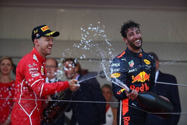 Monaco Grand Prix, Monte Carlo 24 - 28 May 2017 28.05.2017 - Race, Sebastian Vettel (GER) Scuderia Ferrari SF70H race winner and 3rd place Daniel Ricciardo (AUS) Red Bull Racing RB13 