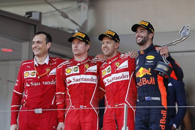 May 28, 2017 - Monte Carlo, Monaco - (Left to Right) KIMI RAIKKONEN of Finland and Scuderia Ferrari, SEBASTIAN VETTEL of Germany and Scuderia Ferrari and DANIEL RICCIARDO of Australia and Red Bull Racing are seen on the podium of the 2017 Formula 1 Monaco Grand Prix in Monte Carlo, Monaco. F1 2017 - Monaco Grand Prix - ZUMAg147 20170528_zap_g147_005 Copyright: xJamesxGasperottix