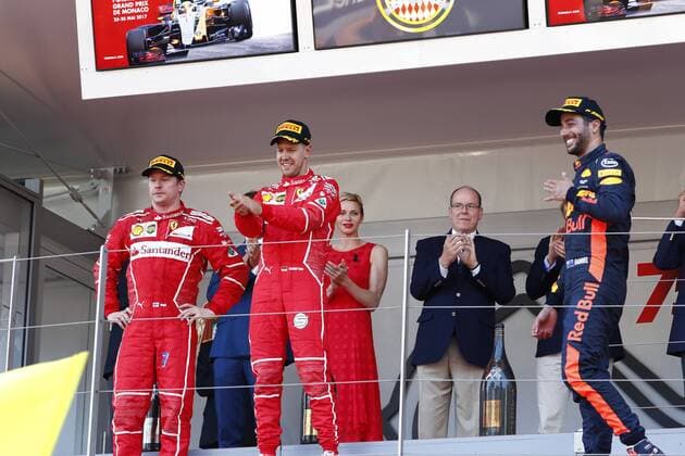 Motorsports: FIA Formula One World Championship WM Weltmeisterschaft 2017, Grand Prix of Monaco, 7 Kimi Raikkonen (FIN, Scuderia Ferrari), 5 Sebastian Vettel (GER, Scuderia Ferrari), 3 Daniel Ricciardo (AUS, Red Bull Racing), Monte Carlo Monaco xHOCHxZWEIx