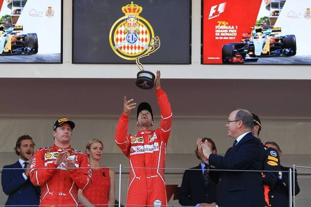 Formel 1, Sebastian Vettel - alle 50 Siege May 28th 2017, Monaco; F1 Grand Prix of Monaco Race Day; Sebastian Vettel - Scuderia Ferrari wins the Monaco GP and celebrates on the podium with his team mate Kimi Raikkonen and then Daniel Ricciardo - Red Bull Racing xLeannexBoonx  ActionPlus11884958
