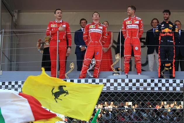 May 28th 2017, Monaco; F1 Grand Prix of Monaco Race Day; Podium shot of Sebastian Vettel - Scuderia Ferrari wins the Monaco GP followed by his team mate Kimi Raikkonen and then Daniel Ricciardo - Red Bull Racing xLeannexBoonx  ActionPlus11884964