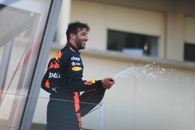 May 28th 2017, Monaco; F1 Grand Prix of Monaco Race Day; Daniel Ricciardo - Red Bull Racing with champagne shower on podium xLeannexBoonx  ActionPlus11884971