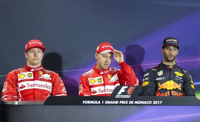 Monaco, Monte Carlo - May 28, 2017: FIA Formula One World Championship WM Weltmeisterschaft Monaco F1 Grand Prix, Winner Sebastian Vettel, Second Kimi Raikkonen, third Daniel Ricciardo Monaco F1 Grand Prix 2017, Winner press conference PK Pressekonferenz