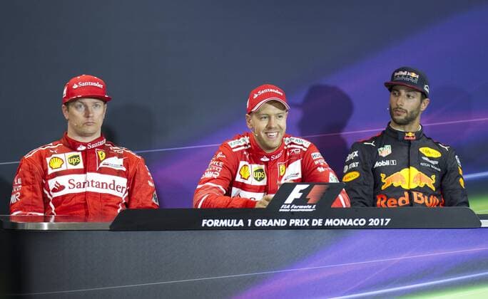 Monaco, Monte Carlo - May 28, 2017: FIA Formula One World Championship WM Weltmeisterschaft Monaco F1 Grand Prix, Winner Sebastian Vettel, Second Kimi Raikkonen, third Daniel Ricciardo Monaco F1 Grand Prix 2017, Winner press conference PK Pressekonferenz
