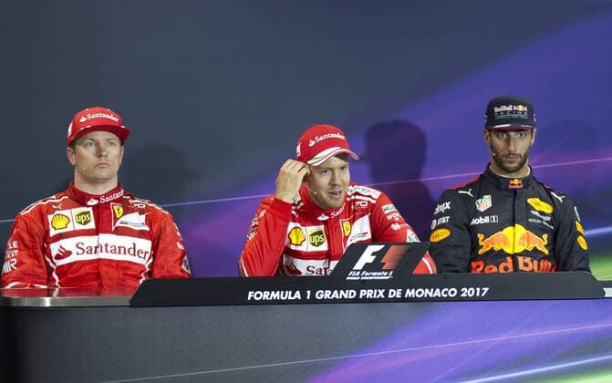 Monaco, Monte Carlo - May 28, 2017: FIA Formula One World Championship WM Weltmeisterschaft Monaco F1 Grand Prix, Winner Sebastian Vettel, Second Kimi Raikkonen, third Daniel Ricciardo Monaco F1 Grand Prix 2017, Winner press conference PK Pressekonferenz