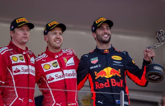 May 28, 2017 - Monte-Carlo, Monaco - The 1st Sebastian Vettel, 2nd Kimi RaikkoÂ¶nen and the 3rd Daniel Ricciardo during the podium ceremony on Formula 1 Grand Prix de Monaco on May 28, 2017 in Monte Carlo, Monaco. F1 Grand Prix of Monaco  - ZUMAn230 20170528_zaa_n230_188 Copyright: xRobertxSzaniszlox