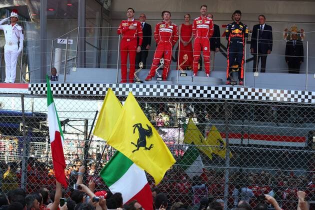 Monaco Grand Prix, Monte Carlo 24 - 28 May 2017 28.05.2017 - Race, Riccardo Adami (ITA) Ferrari Race Engineer, 2nd place Kimi Raikkonen (FIN) Scuderia Ferrari SF70H, Sebastian Vettel (GER) Scuderia Ferrari SF70H race winner and 3rd place Daniel Ricciardo (AUS) Red Bull Racing RB13 
