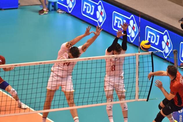 Volleyball, WM-Qauli, Frankreich - Deutschland Nicolas Le Goff et Julien Lyneel (france) vs Denys Kaliberda (allemagne) VOLLEY-BALL : France vs Allemagne - Tournoi de qualificatif au championnat du monde - 28 05 2017 FredericChambert Panoramic 