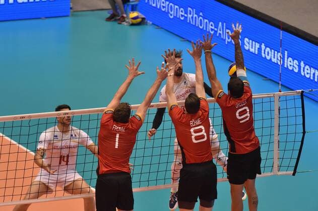 Volleyball, WM-Qauli, Frankreich - Deutschland Julien Lyneel (france) vs Christian Fromm - Marcus Bohme - Gyorgy Grozer (allemagne) VOLLEY-BALL : France vs Allemagne - Tournoi de qualificatif au championnat du monde - 28 05 2017 FredericChambert Panoramic 