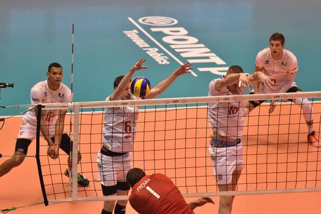 Volleyball, WM-Qauli, Frankreich - Deutschland Stephen Boyer - Benjamin Toniutti - Kevin Le Roux - Trevor Clevenot (france) vs Markus Steuerwald (allemagne) VOLLEY-BALL : France vs Allemagne - Tournoi de qualificatif au championnat du monde - 28 05 2017 FredericChambert Panoramic 