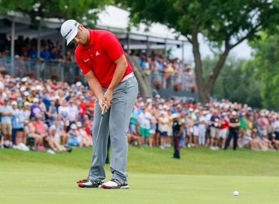 May 28, 2017 - Fort Worth, TX, USA - Jon Rahm putts for birdie on the 18th green to possibly tie the lead during the final round of the Dean & DeLuca Invitational golf tournament on Sunday, May 28, 2017 at Colonial Country Club in Fort Worth, Texas. Dean & DeLuca Invitational golf tournament - Round 4 - ZUMAm67_ 20170528_zaf_m67_060 Copyright: xRayxCarlinx