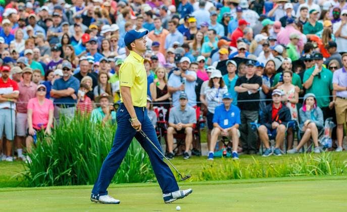 May 28, 2017 - Fort Worth, TX, USA - Jordan Spieth reacts to a missed birdie putt on the 9th hole during the final round of the Dean & DeLuca Invitational golf tournament on Sunday, May 28, 2017 at Colonial Country Club in Fort Worth, Texas. Dean & DeLuca Invitational golf tournament - Round 4 - ZUMAm67_ 20170528_zaf_m67_063 Copyright: xRayxCarlinx