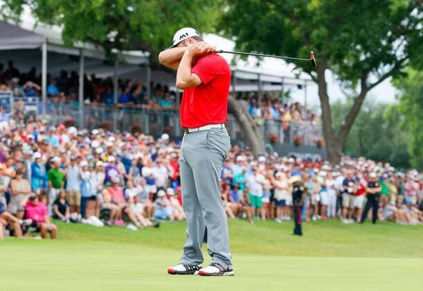 May 28, 2017 - Fort Worth, TX, USA - Jon Rahm reacts as he misses a birdie putt on the 18th green to tie the lead during the final round of the Dean & DeLuca Invitational golf tournament on Sunday, May 28, 2017 at Colonial Country Club in Fort Worth, Texas. Dean & DeLuca Invitational golf tournament - Round 4 - ZUMAm67_ 20170528_zaf_m67_069 Copyright: xRayxCarlinx