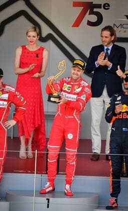 (170529) -- MONACO, May 29, 2017 -- Champion Ferrari driver Sebastian Vettel (C) of Germany celebrates on the podium of the Formula One Monaco Grand Prix in Monaco, on May 28, 2017. ) (SP)MONACO-F1-GRAND PRIX MichaelxAlesi 