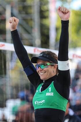 MOSCOW, RUSSIA â€“ JUNE 4, 2017: Larissa Franca of Brazil reacts during the final match against US Brooke Sweat and Summer Ross at the Moscow leg of the 2017 FIVB Beach volleyball Beachvolleyball World Tour. Franca with her teammate Talita Antunes won the gold medal match 2-0. Sergei Savostyanov TASS  TS051A4D