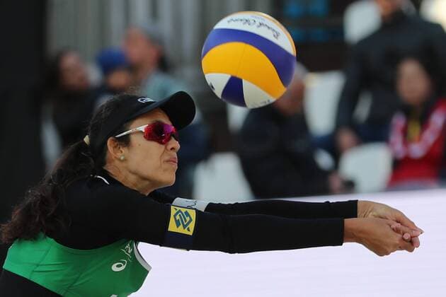 MOSCOW, RUSSIA â€“ JUNE 4, 2017: Talita Antunes of Brazil in action during the final match against US Brooke Sweat and Summer Ross at the Moscow leg of the 2017 FIVB Beach volleyball Beachvolleyball World Tour. Antunes with her teammate Larissa Franca won the gold medal match 2-0. Sergei Savostyanov TASS  TS051A4C