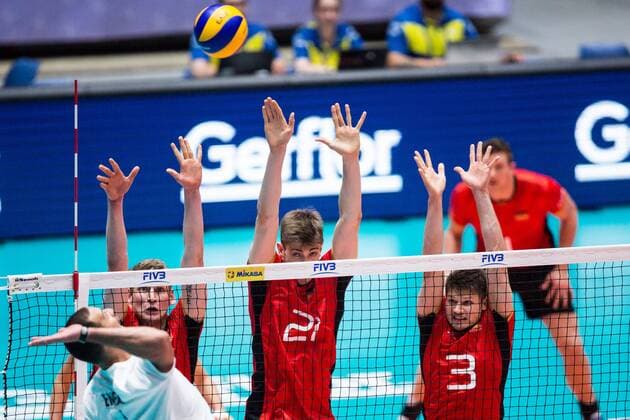 Simon Hirsch (13 GER), Tobias Krick (21 GER) and Ruben Schott (3 GER) blocking against Emerson Alexander Rodriguez Gonzalez (5 VEN) Frankfurt Main Copyright: xWuechner Eibner-Pressefotox EP_NWR