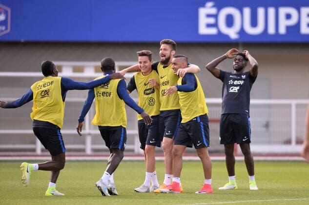 Florent Thauvin - Olivier Giroud - Dimitri Payet - Samuel Umtiti FOOTBALL : Entrainement Equipe de France - Clairefontaine - 05 06 2017 AnthonyBIBARD FEP Panoramic 