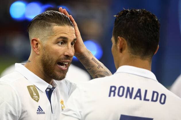June 3, 2017 - Cardiff, United Kingdom - Uefa Champions League Final Juventus v Real Madrid.Sergio Ramos and Cristiano Ronaldo of Real Madrid at National Stadium in Cardiff, Wales on June 3, 2017. Juventus v Real Madrid - UEFA Champions League Final  - ZUMAn230 20170603_zaa_n230_1135 Copyright: xMatteoxCiambellix
