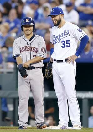 Baseball: Aoki singles in Astros-Royals game Houston Astros outfielder Norichika Aoki (L) shares a laugh with first baseman Eric Hosmer of the Kansas City Royals after hitting an infield single during the fifth inning of a game at Kauffman Stadium in Kansas City, Missouri, on June 6, 2017. 