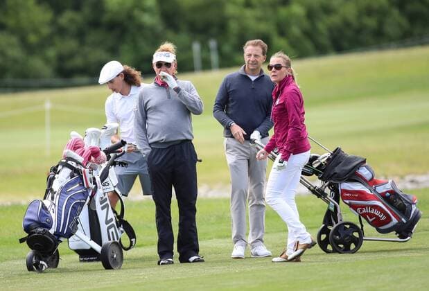 GOLF - PGA Golf Herren Lyoness Open 2017 ATZENBRUGG,AUSTRIA,07.JUN.17 - GOLF - PGA European Tour, Lyoness Open, Diamond Country Club, ProAm. Image shows Miguel Angel Jimenez (ESP) with his caddy, Pascal Styblo and Susanne Jimenez. GEPAxpictures xChristianxWalgram