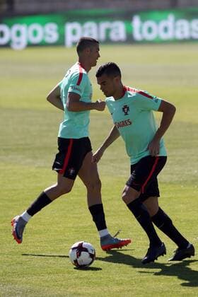 June 7, 2017 - Lisbon, Portugal - Portugal s forward Cristiano Ronaldo (L ) and Portugal s defender Pepe in action during a training session at Cidade do Futebol (Football City) training camp in Oeiras, outskirts of Lisbon on June 7, 2017, ahead of the FIFA World Cup WM Weltmeisterschaft Fussball Russia 2018 qualifier match Latvia vs Portugal. Portugal Training and press conference PK Pressekonferenz  - ZUMAn230 20170607_zaa_n230_101 Copyright: xPedroxFiuzax