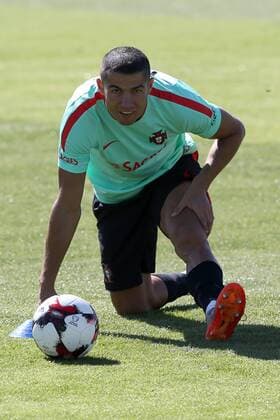 June 7, 2017 - Lisbon, Portugal - Portugal s forward Cristiano Ronaldo stretches during a training session at Cidade do Futebol (Football City) training camp in Oeiras, outskirts of Lisbon on June 7, 2017, ahead of the FIFA World Cup WM Weltmeisterschaft Fussball Russia 2018 qualifier match Latvia vs Portugal. Portugal Training and press conference PK Pressekonferenz  - ZUMAn230 20170607_zaa_n230_111 Copyright: xPedroxFiuzax
