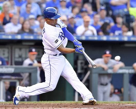 June 7, 2017 - Kansas City, MO, USA - The Kansas City Royals Cheslor Cuthbert connects on an RBI double in the second inning against the Houston Astros at Kauffman Stadium in Kansas City, Mo., on Wednesday, June 7, 2017. Houston at Kansas City - ZUMAm67_ 20170607_zaf_m67_043 Copyright: xJohnxSleezerx