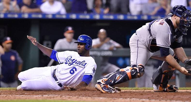 June 7, 2017 - Kansas City, MO, USA - The Kansas City Royals Lorenzo Cain scores on a two-run single by Cheslor Cuthbert in the fifth inning against the Houston Astros at Kauffman Stadium in Kansas City, Mo., on Wednesday, June 7, 2017. Houston at Kansas City - ZUMAm67_ 20170607_zaf_m67_048 Copyright: xJohnxSleezerx