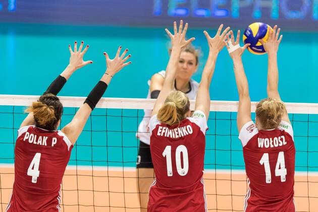 Volleyball: Montreux Volley Masters 2017, 09.06.2017 Patrycja Polak ( 4, Poland), Zuzanna Efimienko ( 10, Poland), Joanna Wolosz C ( 14, Poland) with a successful block; Germany versus Poland at the Volleyball: Montreux Volley Masters 2017 on June, 09, 2017 in Montreux, Schweiz xUSx