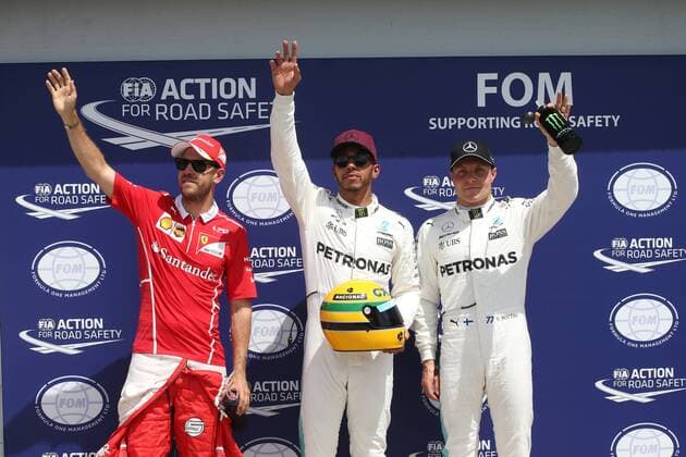 Canadian Grand Prix, Montreal 8 - 11 June 2017 10.06.2017- Pole Position: pole Celebration Lewis Hamilton (GBR) Mercedes AMG F1 W08, 2nd Sebastian Vettel (GER) Scuderia Ferrari SF70H, 3rd Valtteri Bottas (FIN) Mercedes AMG F1 W08 