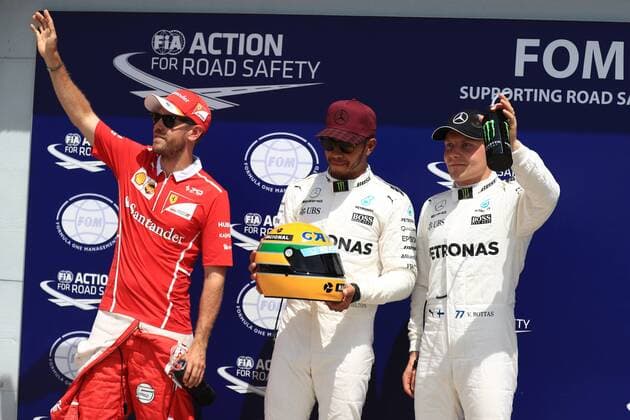 June 10th 2017, Circuit Gilles Villeneuve, Montreal Quebec, Canada; Formula One Grand Prix, Qualifying sessions; Lewis Hamilton - Mercedes AMG Petronas F1 W08 takes pole and is presented with a hisoric Senna helmet by his family followed by Sebastian Vettel - Scuderia Ferrari SF70H followed by Valtteri Bottas. xOctanex  ActionPlus11889100