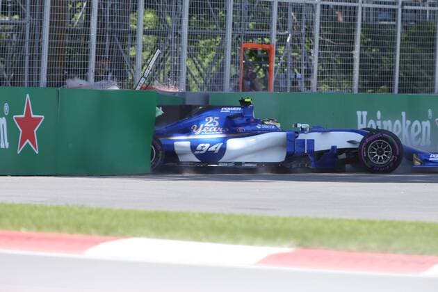 Pascal Wehrlein (Sauber F1 Team) schlaegt mit seinem Auto rueckwaerts in die Begrenzung ein, Grosser Preis von Kanada 2017, Qualifying, Motorsport, Formel 1, 10.06.2017, Montreal Copyright: xAndre Eibner-Pressefotox EP_JAE