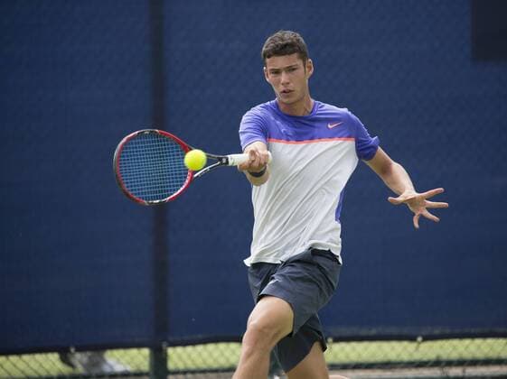June 11th 2017, Nottingham, England; ATP Tennis Herren Aegon Nottingham Open Tennis Tournament day 2; Forehand from Joshua Paris of Great Britain who lost to Roberto Quiroz of Ecuador in two sets xDavidxKissmanx  ActionPlus11889352