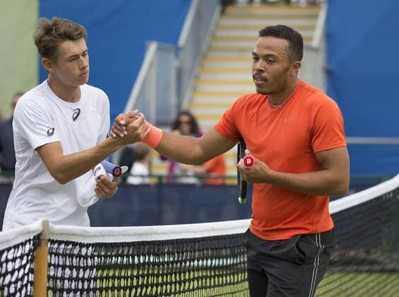 June 11th 2017, Nottingham, England; ATP Tennis Herren Aegon Nottingham Open Tennis Tournament day 2; Alex De Minaur of Australia on the left after his victory over Curtis Clarke of Great Britain xDavidxKissmanx  ActionPlus11889367