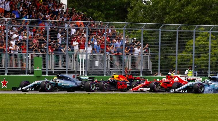 Motorsports: FIA Formula One World Championship WM Weltmeisterschaft 2017, Grand Prix of Canada, 44 Lewis Hamilton (GBR, Mercedes AMG Petronas F1 Team), 33 Max Verstappen (NLD, Red Bull Racing), 5 Sebastian Vettel (GER, Scuderia Ferrari), 77 Valtteri Bottas (FIN, Mercedes AMG Petronas F1 Team), Montreal Canada xHOCHxZWEIx