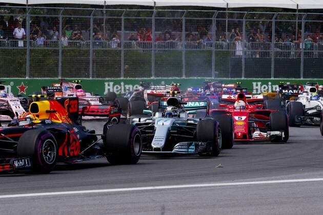 Motorsports: FIA Formula One World Championship WM Weltmeisterschaft 2017, Grand Prix of Canada, 33 Max Verstappen (NLD, Red Bull Racing), 77 Valtteri Bottas (FIN, Mercedes AMG Petronas F1 Team), 5 Sebastian Vettel (GER, Scuderia Ferrari), Montreal Canada xHOCHxZWEIx
