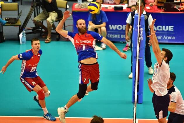 From left Czech Petr Michalek and Ales Holubec in action during the match FIVB World League Czech Republic vs Portugal in Ceske Budejovice, Czech Republic, June 11, 2017. (CTKxPhoto VaclavxPancer) CTKPhotoP201706110534301  VPC_03