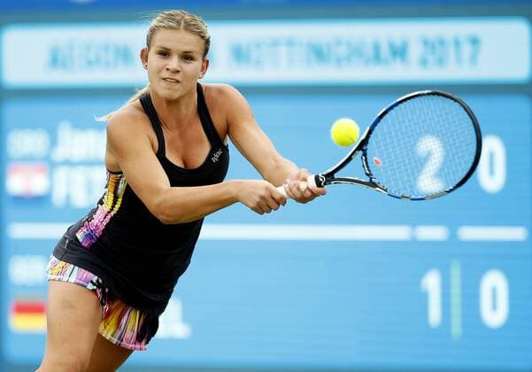 Jana Fett of Croatia in action against Mona Barthel during the AEGON Championship 1st Round match at the Nottingham Tennis Centre. Picture date: June 12th, 2017. Picture credit should read: Matt McNulty Sportimage EDITORIAL USE ONLY. No use with unauthorised audio, video, data, fixture lists, club league logos or live services. Online in-match use limited to 120 images, no video emulation. No use in betting, games or single club league player publications.