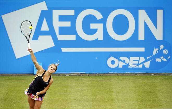 Jana Fett of Croatia in action against Mona Barthel during the AEGON Nottingham Open 1st Round match at the Nottingham Tennis Centre. Picture date: June 12th, 2017. Picture credit should read: Matt McNulty Sportimage EDITORIAL USE ONLY. No use with unauthorised audio, video, data, fixture lists, club league logos or live services. Online in-match use limited to 120 images, no video emulation. No use in betting, games or single club league player publications.